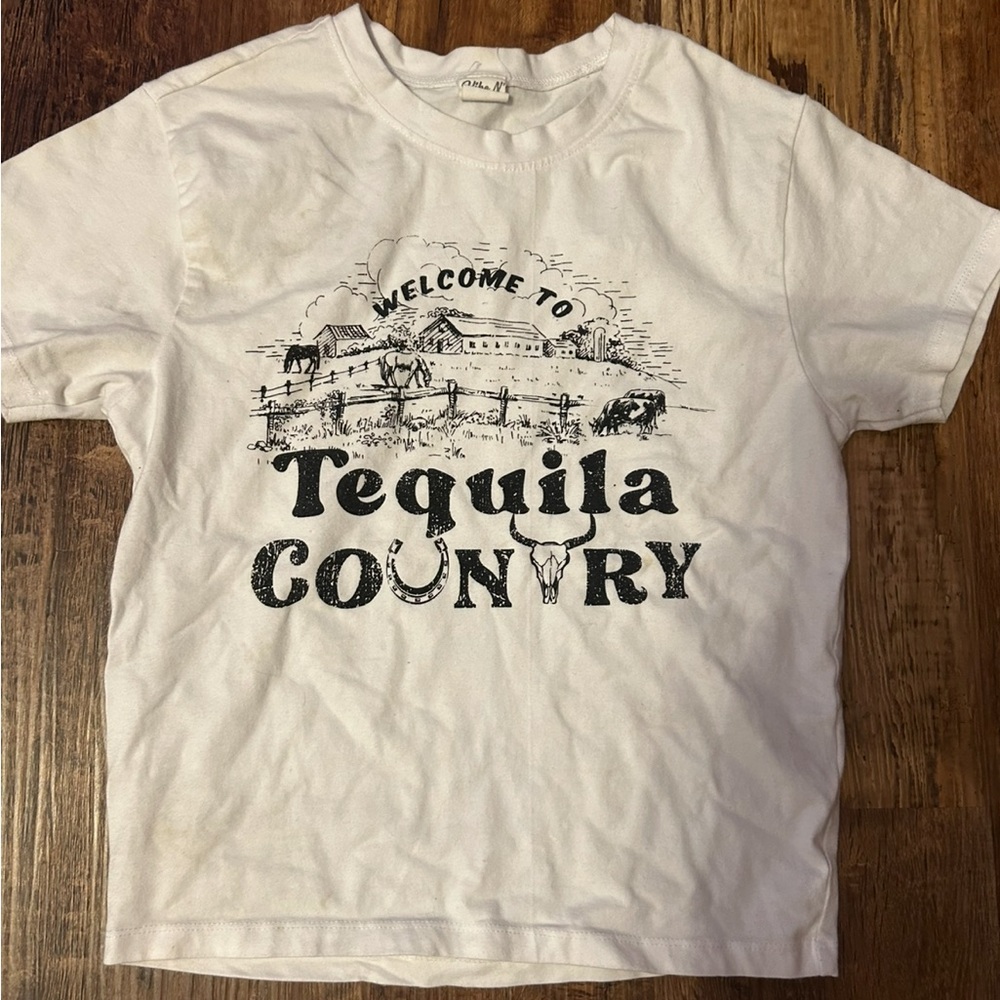 White Graphic Tee with Tequila Country Print
